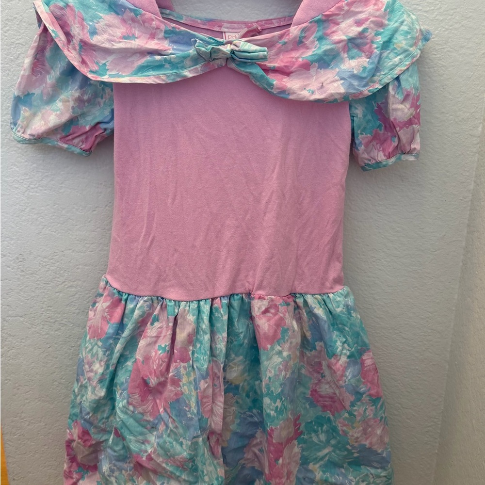 Vintage 80s Floral Pink & Aqua Dress with Peter Pan Collar